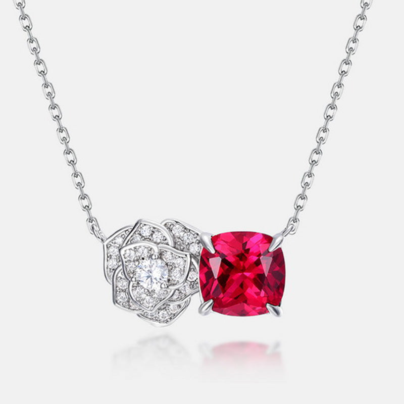 Mother's Day Gift Rose Ruby Cushion Cut Necklace-Sterling Silver-lornajewelry