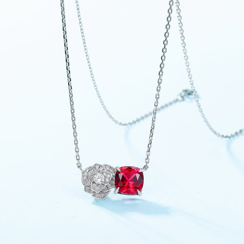 Mother's Day Gift Rose Ruby Cushion Cut Necklace-Sterling Silver-lornajewelry