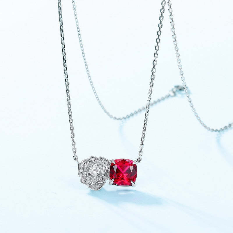 Mother's Day Gift Rose Ruby Cushion Cut Necklace-Sterling Silver-lornajewelry