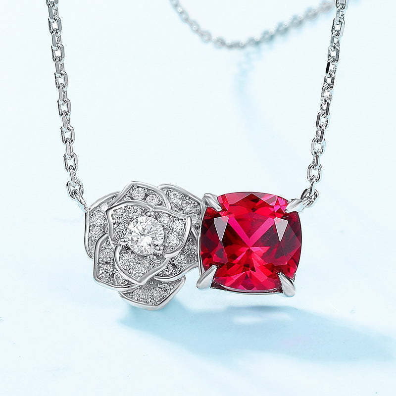 Mother's Day Gift Rose Ruby Cushion Cut Necklace-Sterling Silver-lornajewelry