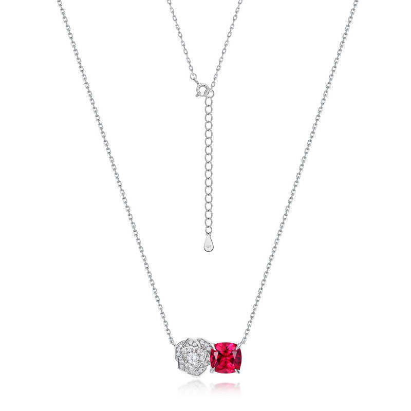 Mother's Day Gift Rose Ruby Cushion Cut Necklace-Sterling Silver-lornajewelry