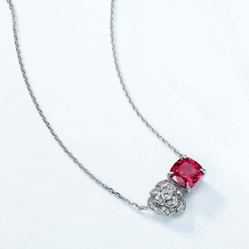 Mother's Day Gift Rose Ruby Cushion Cut Necklace-Sterling Silver-lornajewelry