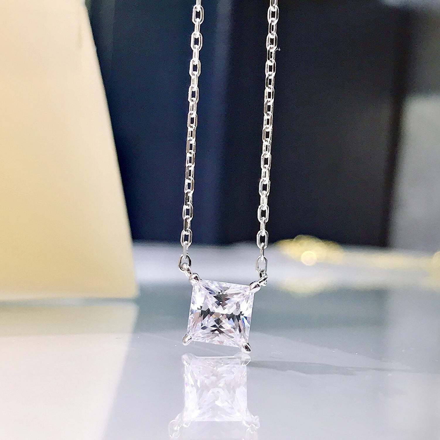 Elegant Princess Cut Pendant Necklace In Sterling Silver-Sterling Silver-lornajewelry