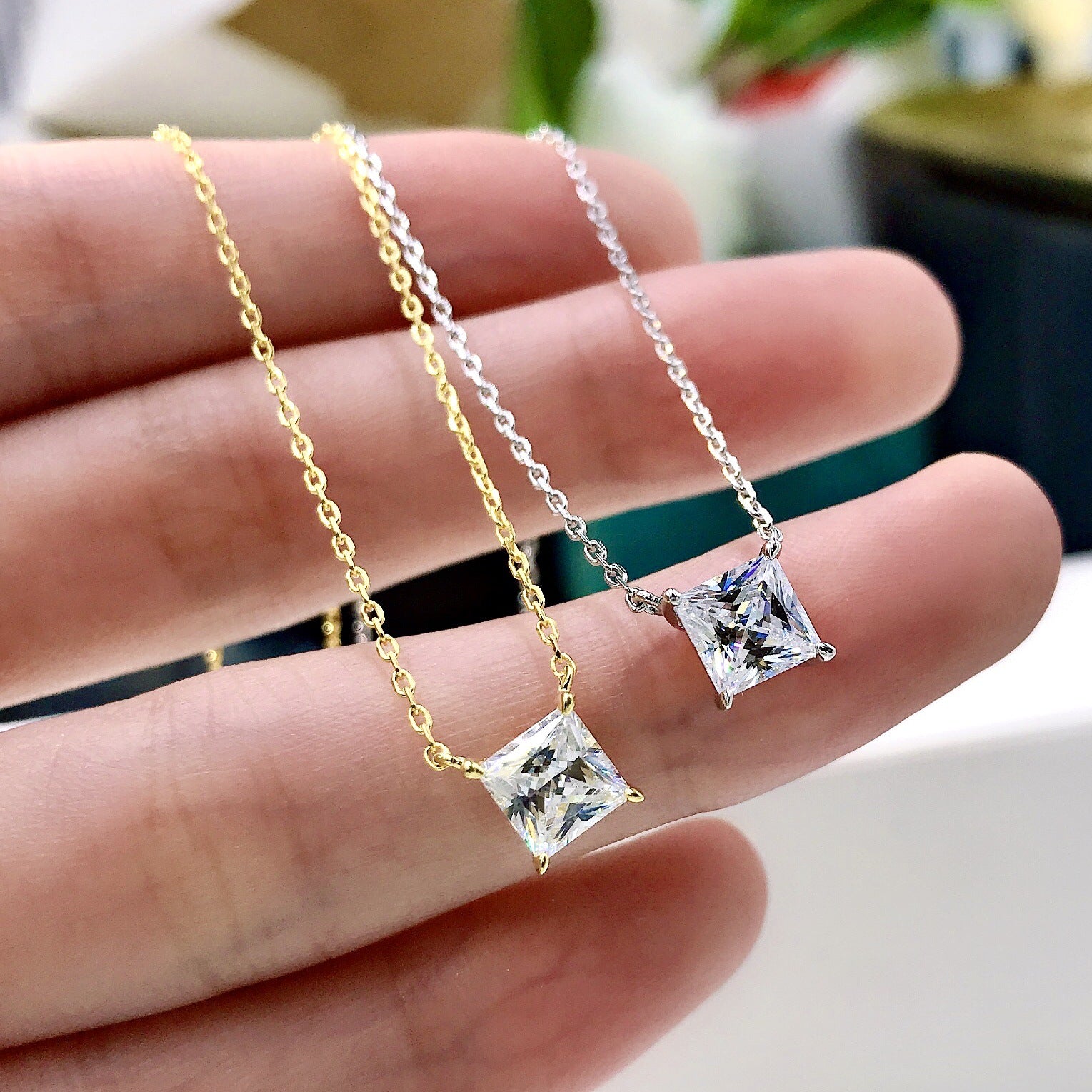 Elegant Princess Cut Pendant Necklace In Sterling Silver-Sterling Silver-lornajewelry