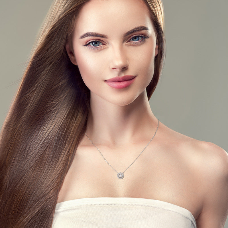 Moissanite Noble Halo Round Cut Pendant Necklace-Sterling Silver-lornajewelry