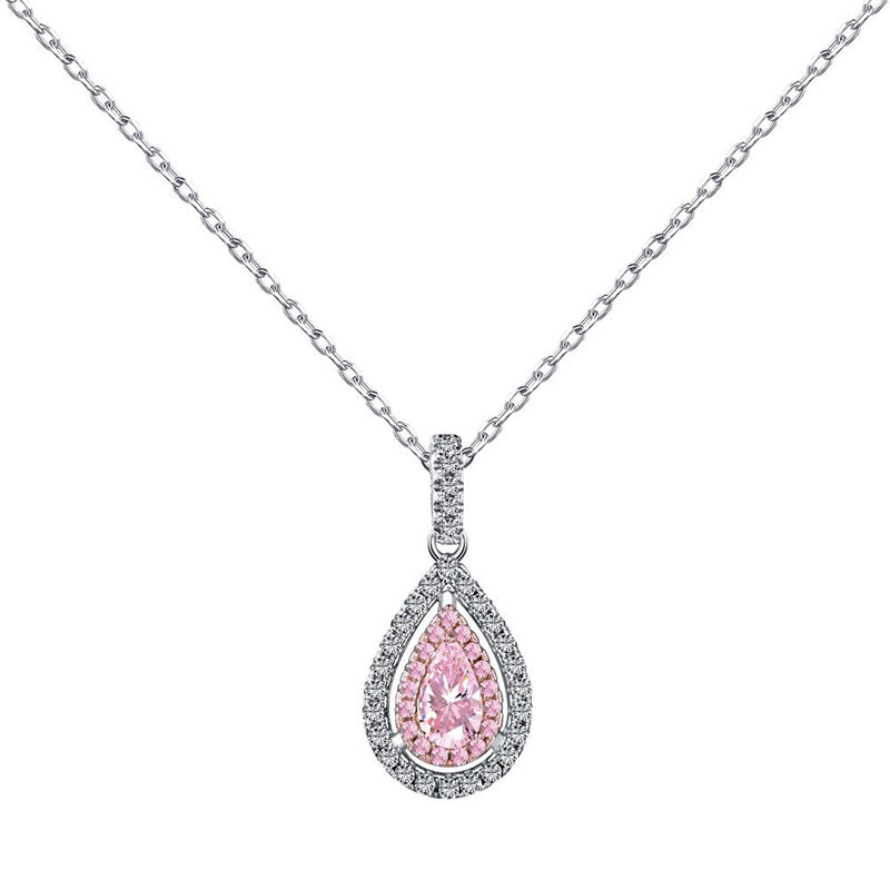 Pink Stone Double Halo Pear Cut Women's Necklace-Sterling Silver-lornajewelry