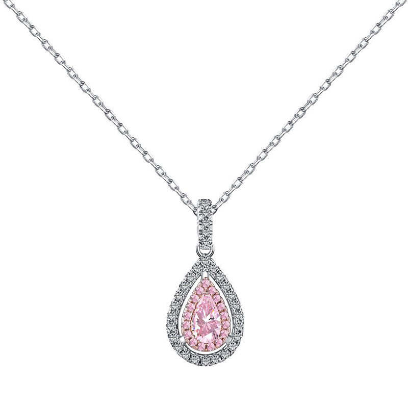 Pink Stone Double Halo Pear Cut Women's Necklace-Sterling Silver-lornajewelry