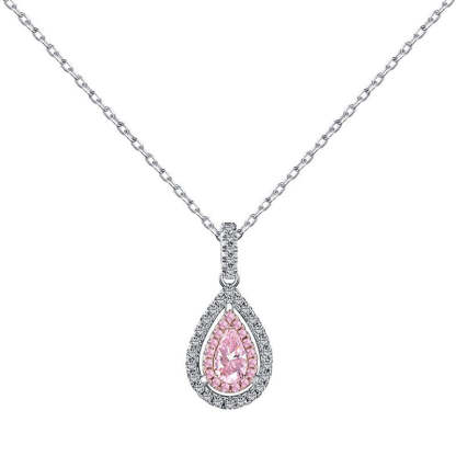 Pink Stone Double Halo Pear Cut Women's Necklace-Sterling Silver-lornajewelry