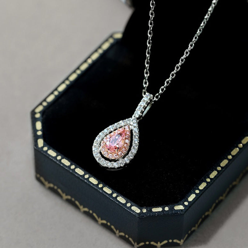 Pink Stone Double Halo Pear Cut Women's Necklace-Sterling Silver-lornajewelry