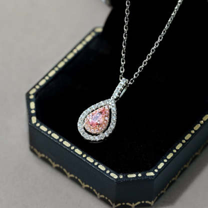 Pink Stone Double Halo Pear Cut Women's Necklace-Sterling Silver-lornajewelry