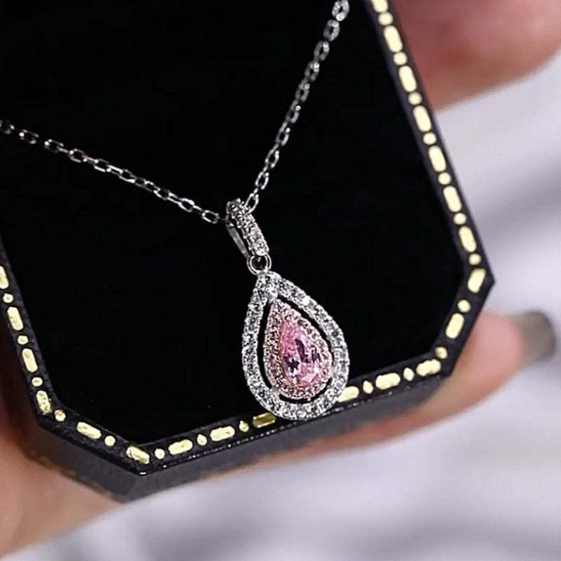 Pink Stone Double Halo Pear Cut Women's Necklace-Sterling Silver-lornajewelry