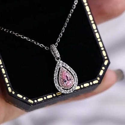 Pink Stone Double Halo Pear Cut Women's Necklace-Sterling Silver-lornajewelry
