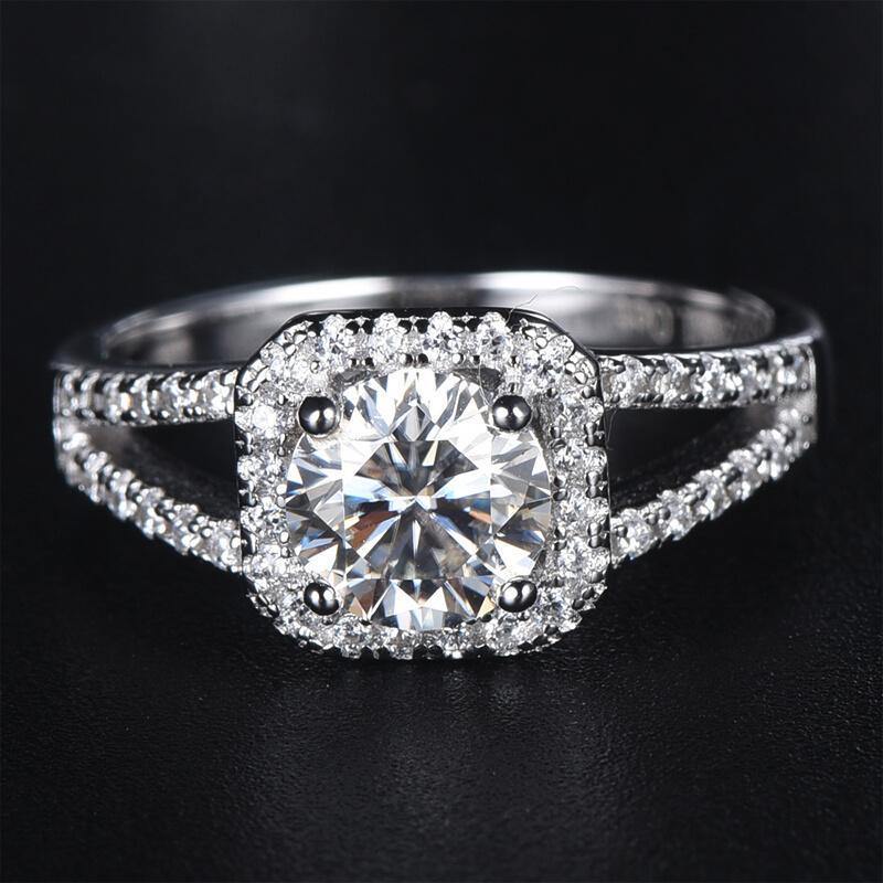 1Ct/2Ct Moissanite Round Halo Double Arm Sterling Silver Ring-Sterling Silver-lornajewelry