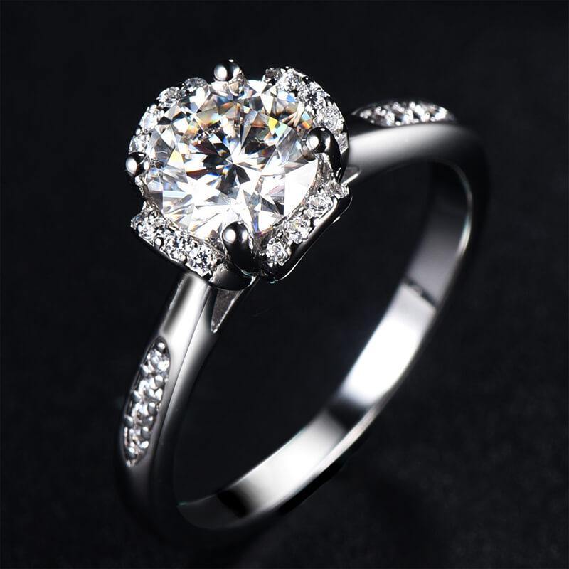 1Ct Moissanite Fashion Flower Side Stone Sterling Silver Wedding Ring-Sterling Silver-lornajewelry
