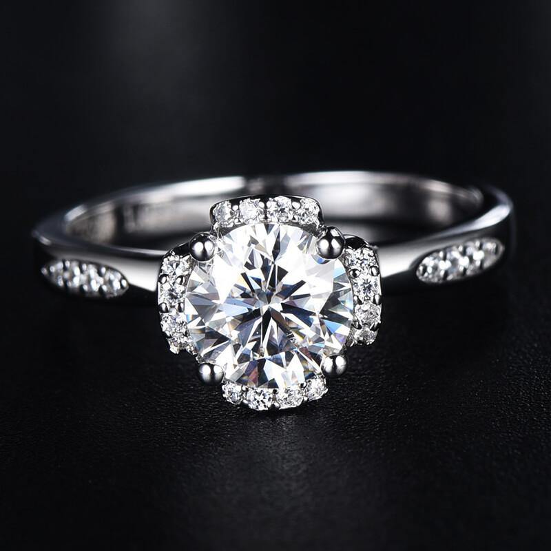 1Ct Moissanite Fashion Flower Side Stone Sterling Silver Wedding Ring-Sterling Silver-lornajewelry