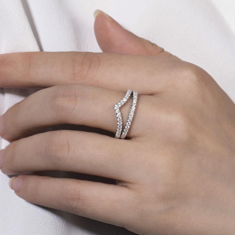 Moissanite V-Shaped Half Eternity Sterling Silver Wedding Band Stackable Ring-Sterling Silver-lornajewelry