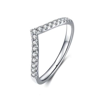 Moissanite V-Shaped Half Eternity Sterling Silver Wedding Band Stackable Ring-Sterling Silver-lornajewelry