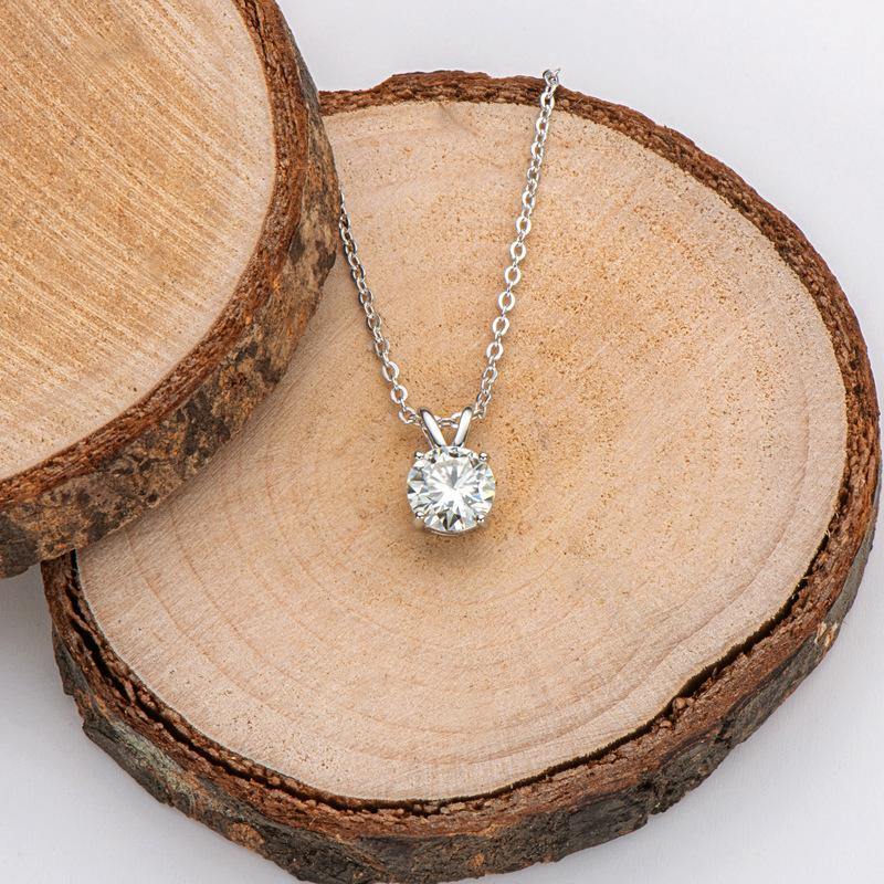 Moissanite Solitaire Round Four Prong Sterling Silver Necklace Pendant-Sterling Silver-lornajewelry