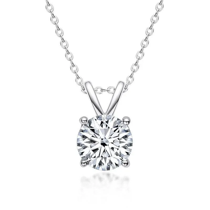 Moissanite Solitaire Round Four Prong Sterling Silver Necklace Pendant-Sterling Silver-lornajewelry