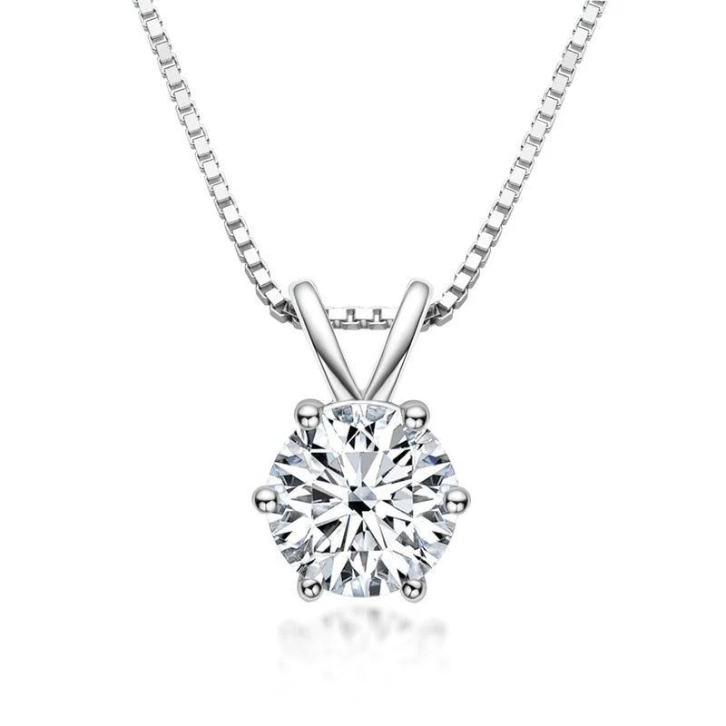 Classic Solitaire Round Moissanite Six Prong Sterling Silver Necklace Pendant-Sterling Silver-lornajewelry