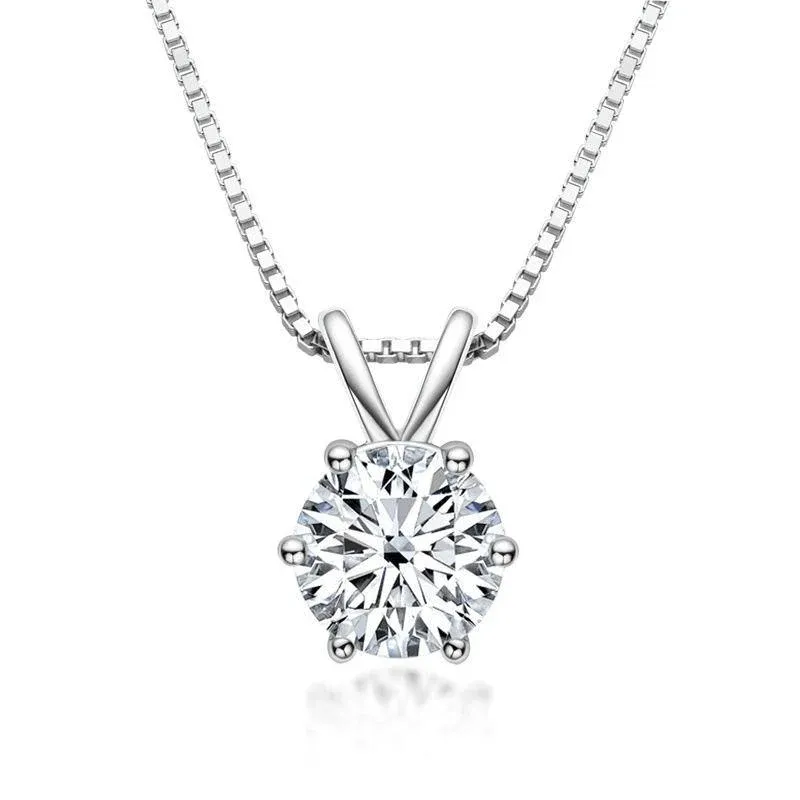 Classic Solitaire Round Moissanite Six Prong Sterling Silver Necklace Pendant-Sterling Silver-lornajewelry