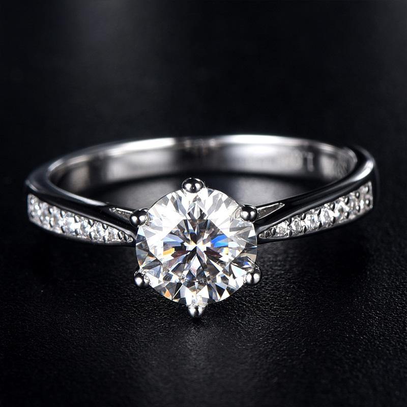 1Ct/2Ct/3Ct Moissanite Round Cut Six Prong Side Stones Promise Engagement Ring-Sterling Silver-lornajewelry