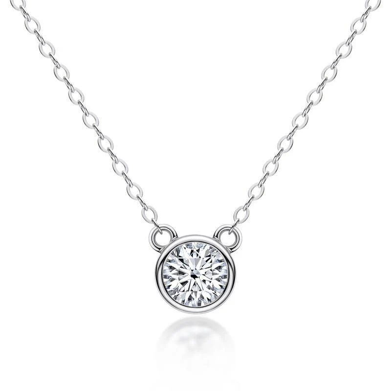 Moissanite Solitaire Round Bezel Sterling Silver Necklace Pendant-Sterling Silver-lornajewelry