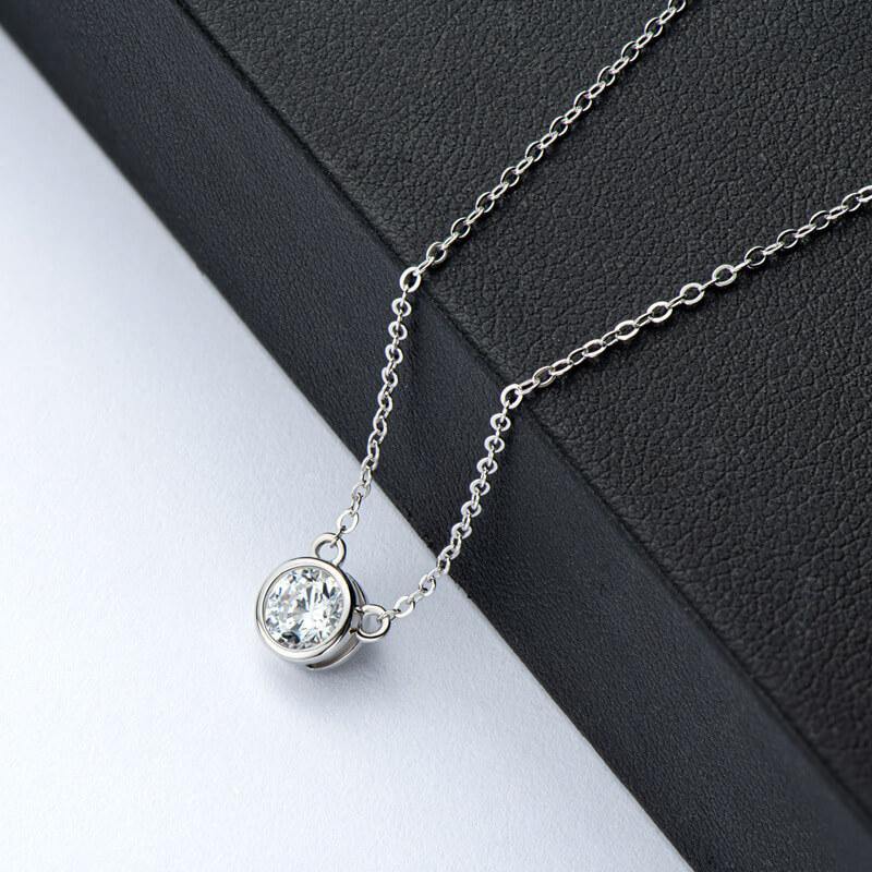 Moissanite Solitaire Round Bezel Sterling Silver Necklace Pendant-Sterling Silver-lornajewelry