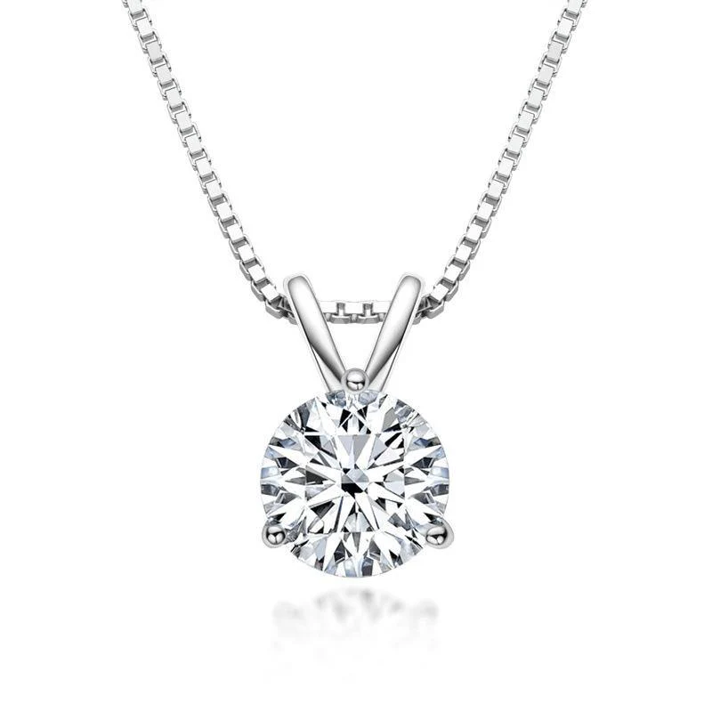 Moissanite Solitaire Round Three Prong Sterling Silver Necklace Pendant-Sterling Silver-lornajewelry