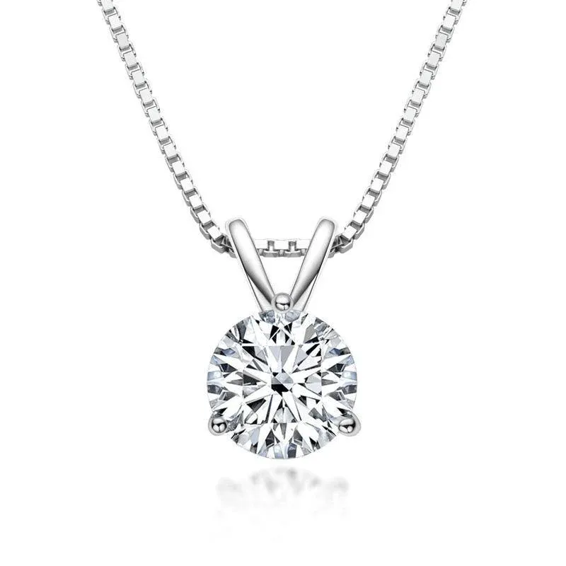 Moissanite Solitaire Round Three Prong Sterling Silver Necklace Pendant-Sterling Silver-lornajewelry
