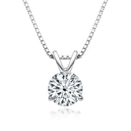 Moissanite Solitaire Round Three Prong Sterling Silver Necklace Pendant-Sterling Silver-lornajewelry