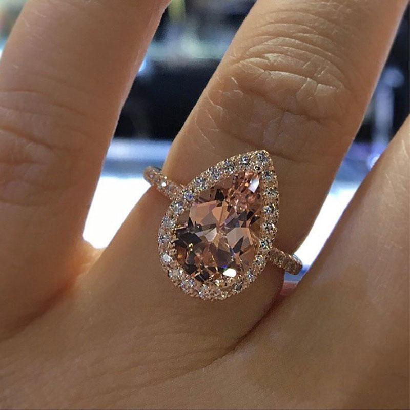 3Ct Halo Pear Cut Synthetic Morganite Engagement Ring In Sterling Silver-Sterling Silver-lornajewelry