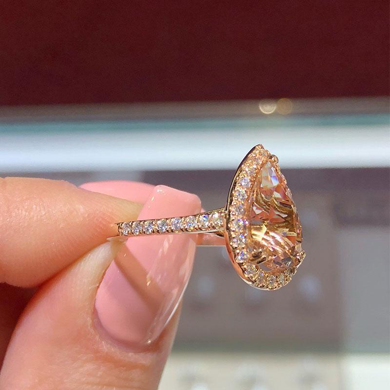3Ct Halo Pear Cut Synthetic Morganite Engagement Ring In Sterling Silver-Sterling Silver-lornajewelry