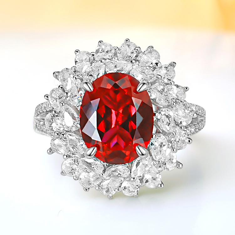 3.5Ct Oval Cut Red Gemstone Floral Diamond Halo Ring-Sterling Silver-lornajewelry
