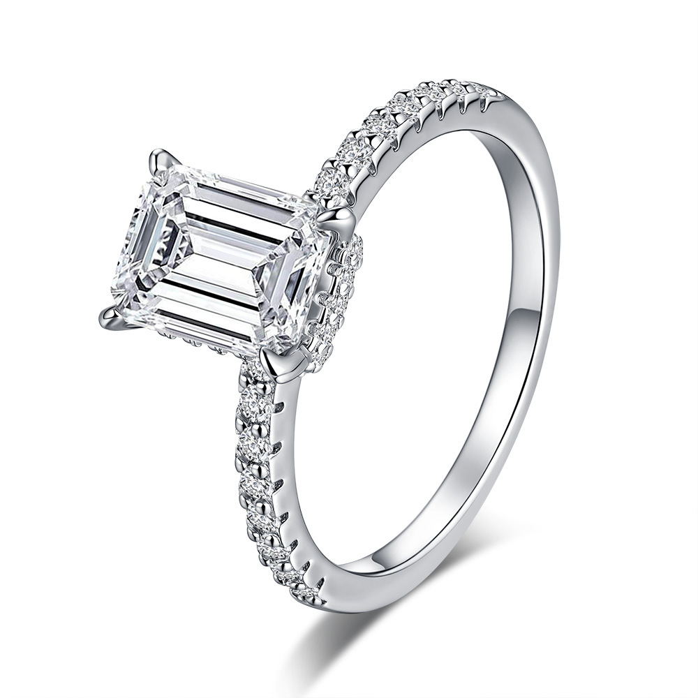 1Ct Moissanite Classic Emerald Cut Pave Engagement Ring in Sterling Silver