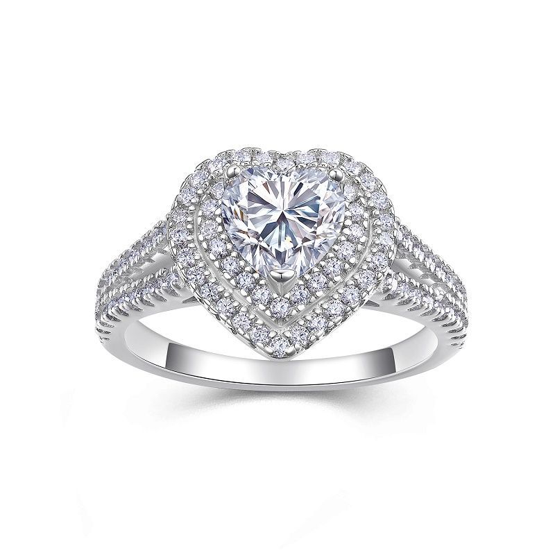1Ct Moissanite Heart Cut Double Halo Split Shank Sterling Silver Engagement Ring