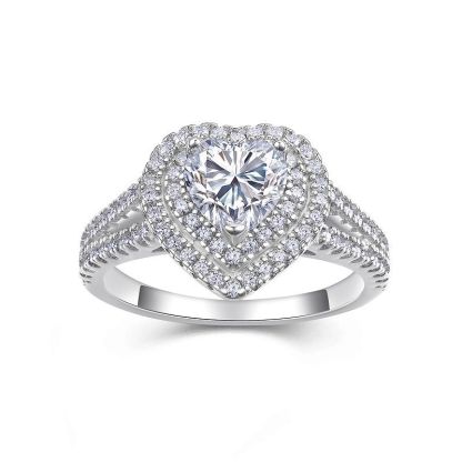 1Ct Moissanite Heart Cut Double Halo Split Shank Sterling Silver Engagement Ring