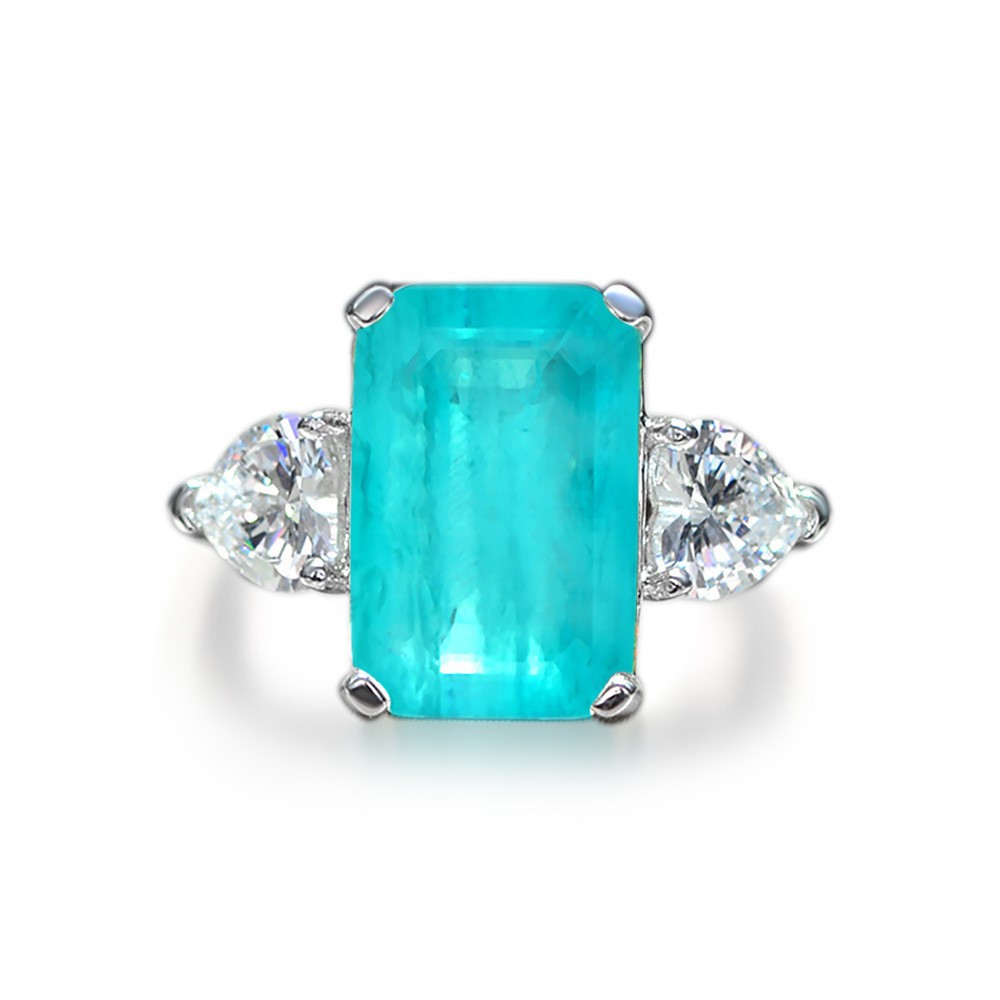 5.5Ct Blue Paraiba Tourmaline Emerald Cut Three-Stone Ring-Sterling Silver-lornajewelry