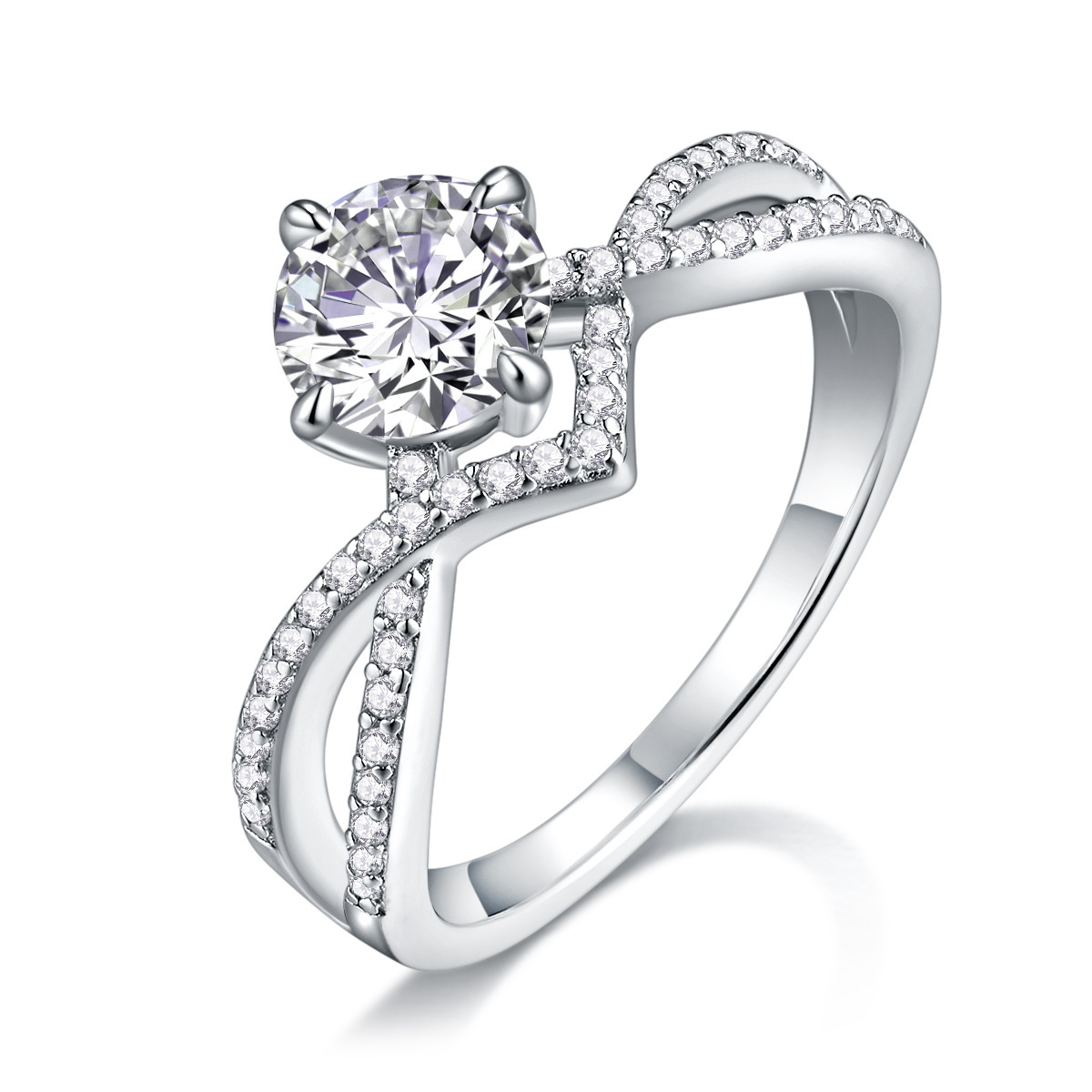 1Ct Round Cut Moissanite Double Row Crisscross Pav Band Elegant  Sparkling Design Sterling Silver Engagement Ring