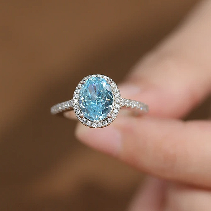 1.5Ct Oval Cut Aquamarine Halo Design Ring-Sterling Silver-lornajewelry