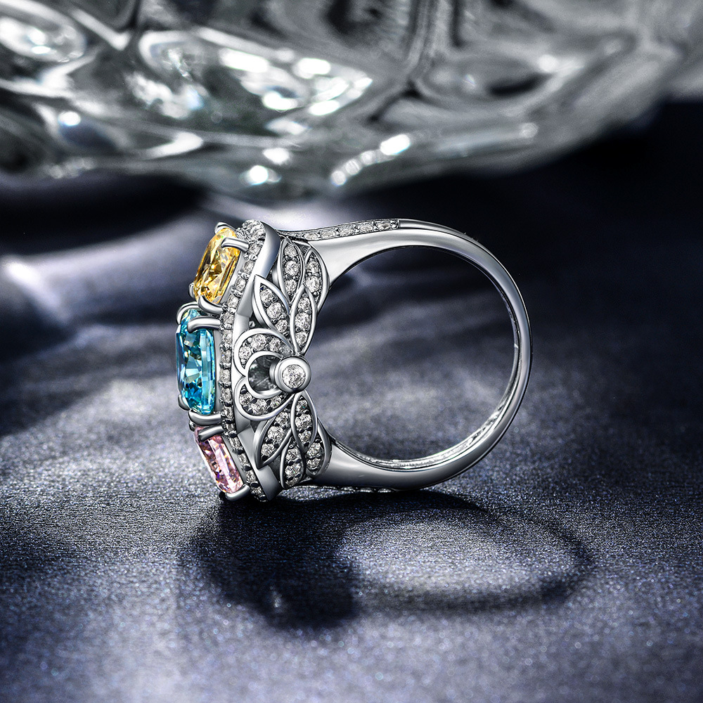 3Ct Tricolor Cushion Cut Three Stone Halo Setting Ring-Sterling Silver-lornajewelry