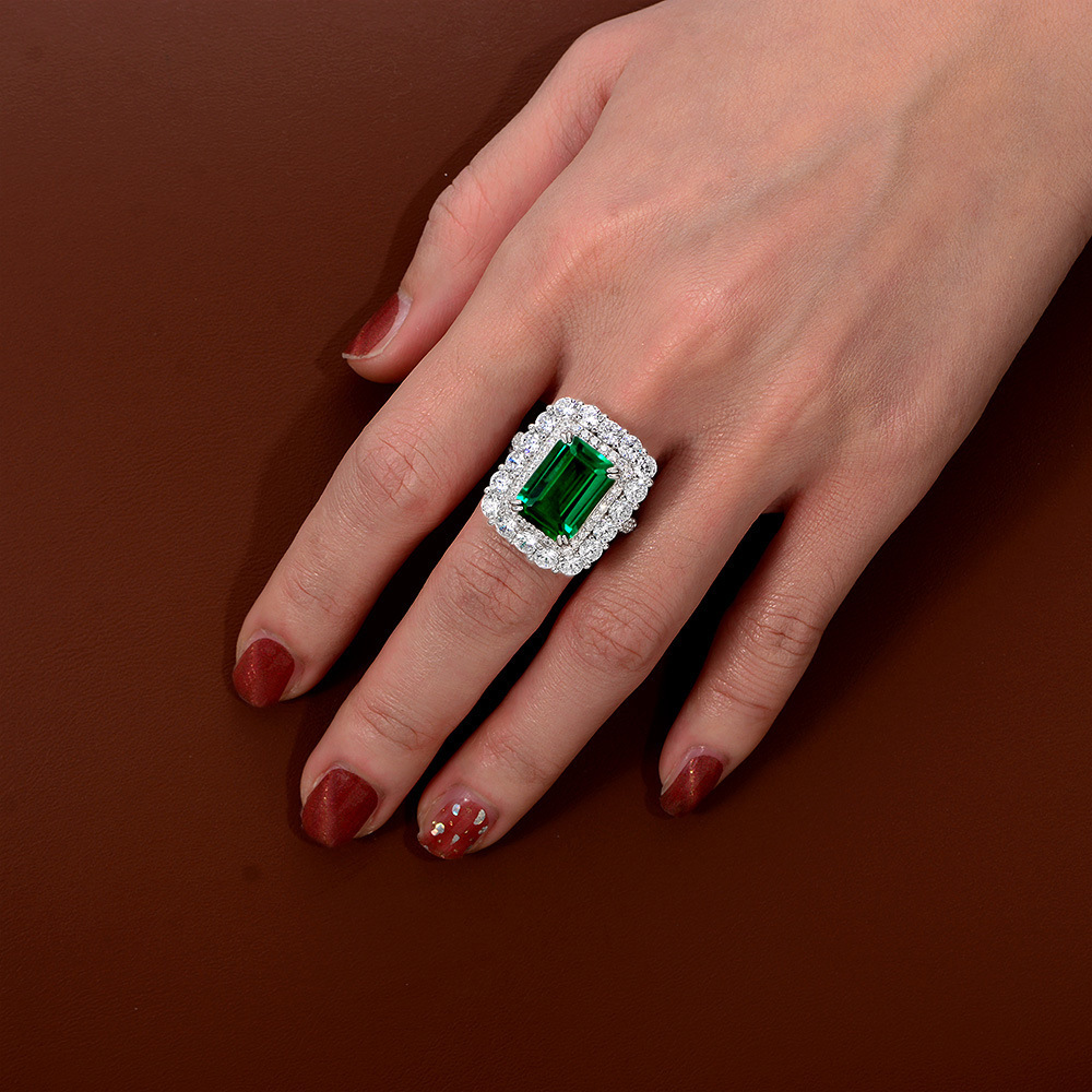 7Ct Green Emerald Cut Halo Setting Classic Ring-Sterling Silver-lornajewelry