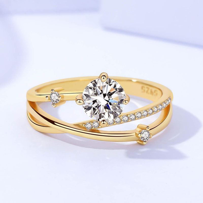1Ct Moissanite White Round Cut Cross Over Setting Yellow Gold Twist Ring-Sterling Silver-lornajewelry