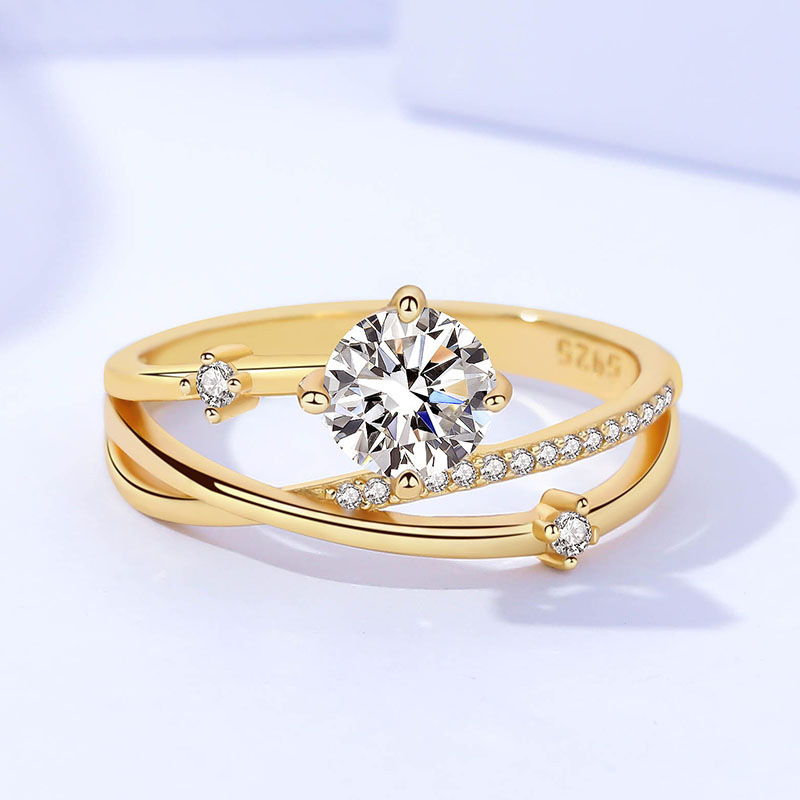 1Ct Moissanite White Round Cut Cross Over Setting Yellow Gold Twist Ring-Sterling Silver-lornajewelry