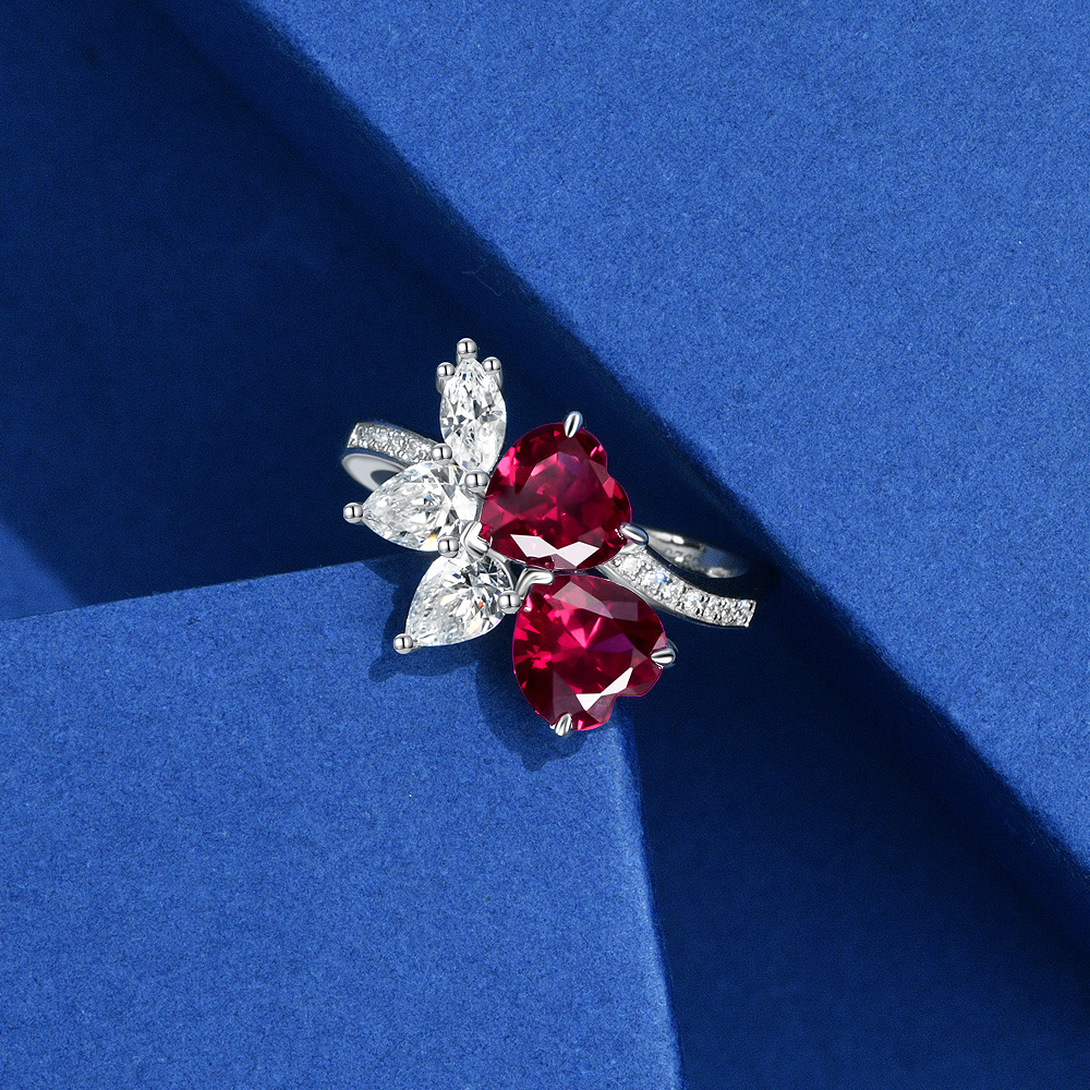 Heart Cut Red Ruby and Pear Marquise Flower Engagement Ring in Sterling Silver