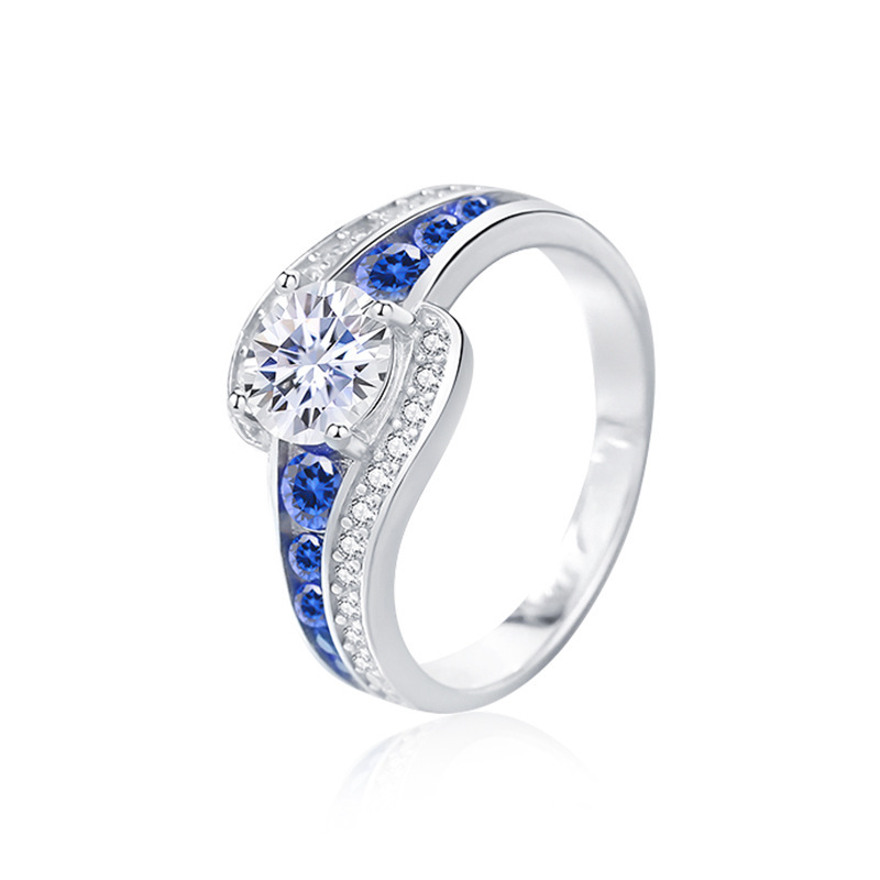1Ct Moissanite Blue Round Cut Channel Setting Wave Design Ring-Sterling Silver-lornajewelry