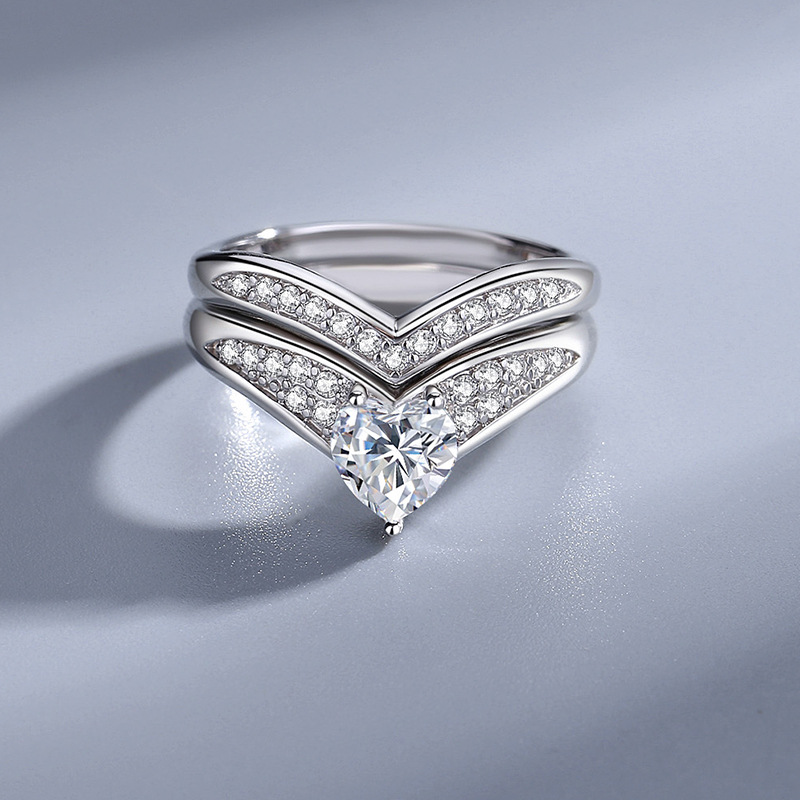 1Ct Moissanite Heart Cut Pave Setting V-Shaped Wedding Ring Set-Sterling Silver-lornajewelry