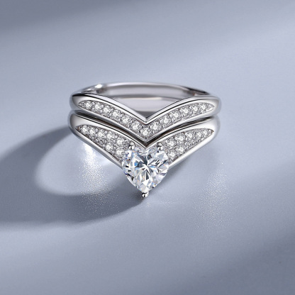 1Ct Moissanite Heart Cut Pave Setting V-Shaped Wedding Ring Set-Sterling Silver-lornajewelry
