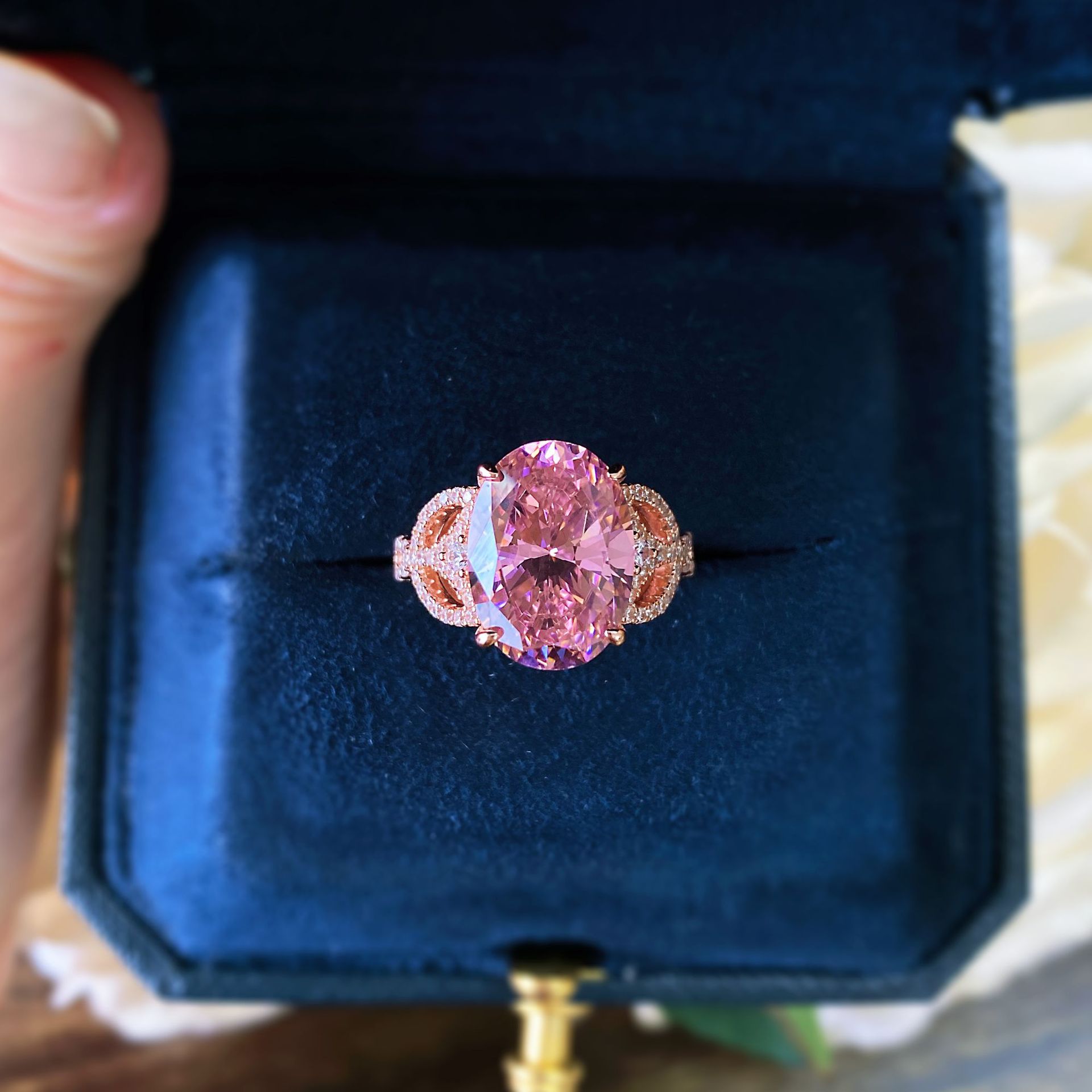 5.5Ct Pink Oval Cut Halo Setting Rose Gold Ring-Sterling Silver-lornajewelry