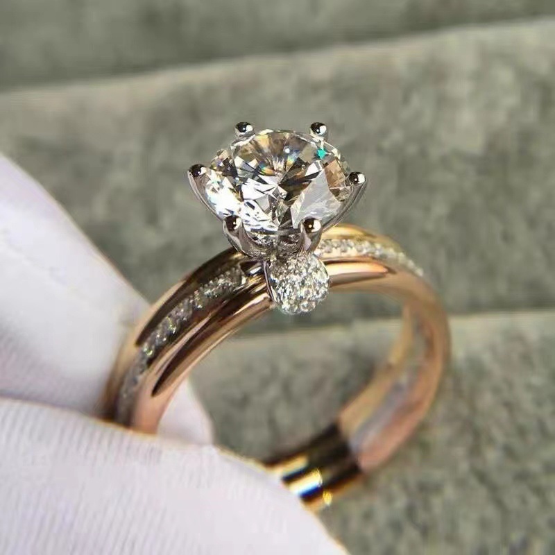 3Ct Round Cut Moissanite Tri-Color Pave Setting Sterling Silver Engagement Ring